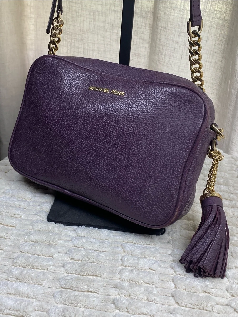 Michael Kors Ginny Camera Bag Plum Purple Pebbled Leather Crossbody Purse Tassel